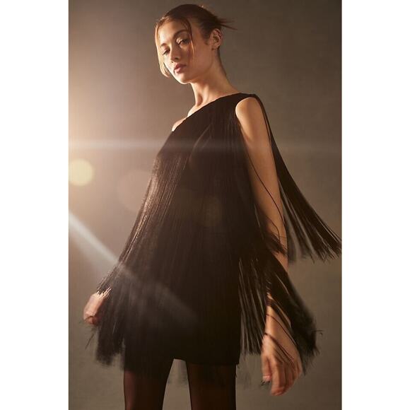 Anthropologie Hutch One Shoulder Fringe Black Mini Dress Size Small